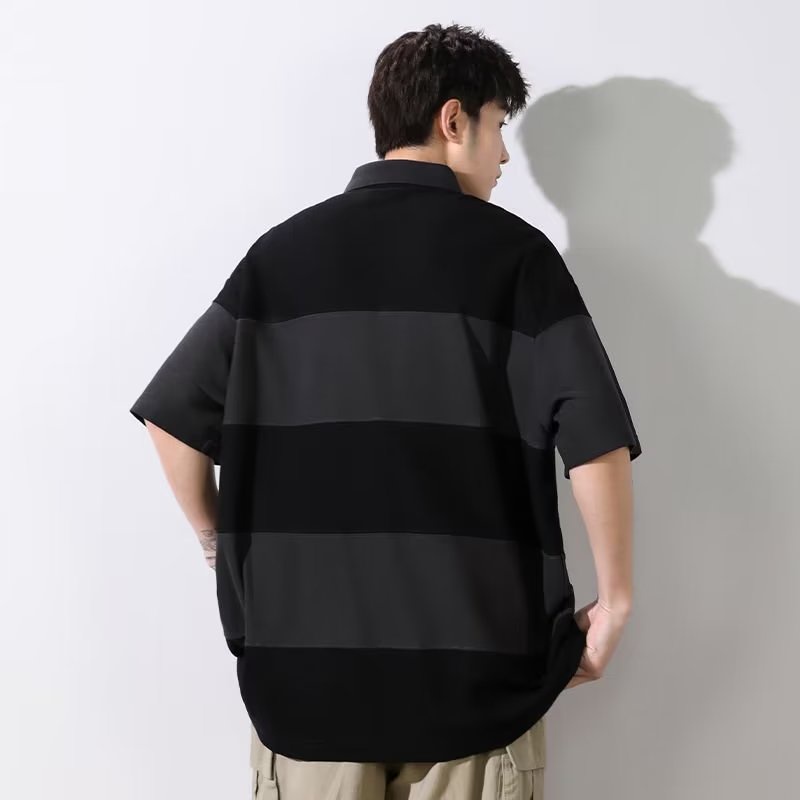 Áo Thun polo Tay Ngắn Dáng Rộng Họa Tiết Kẻ Sọc Màu Sắc Tương Phản Phong Cách Nhật Bản Thời Trang Mùa Hè Cho Nam