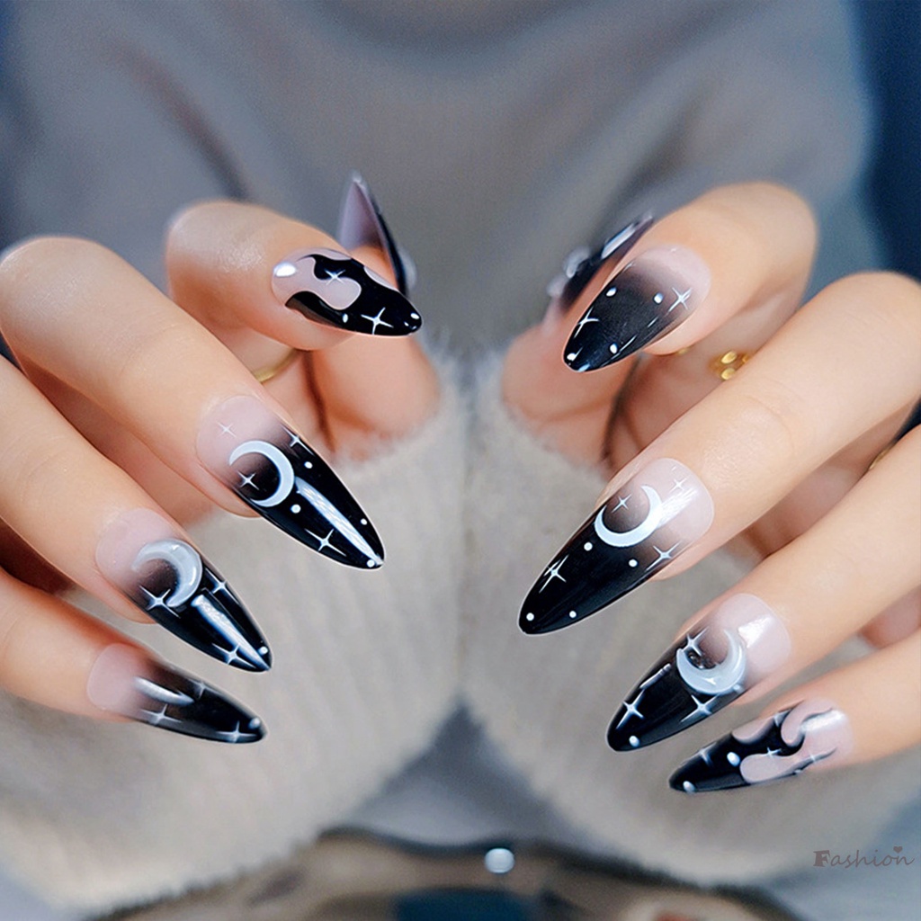 Bộ Móng Tay Giả Đầu Nhọn Hình Ngôi Sao &amp; Mặt Trăng Edge