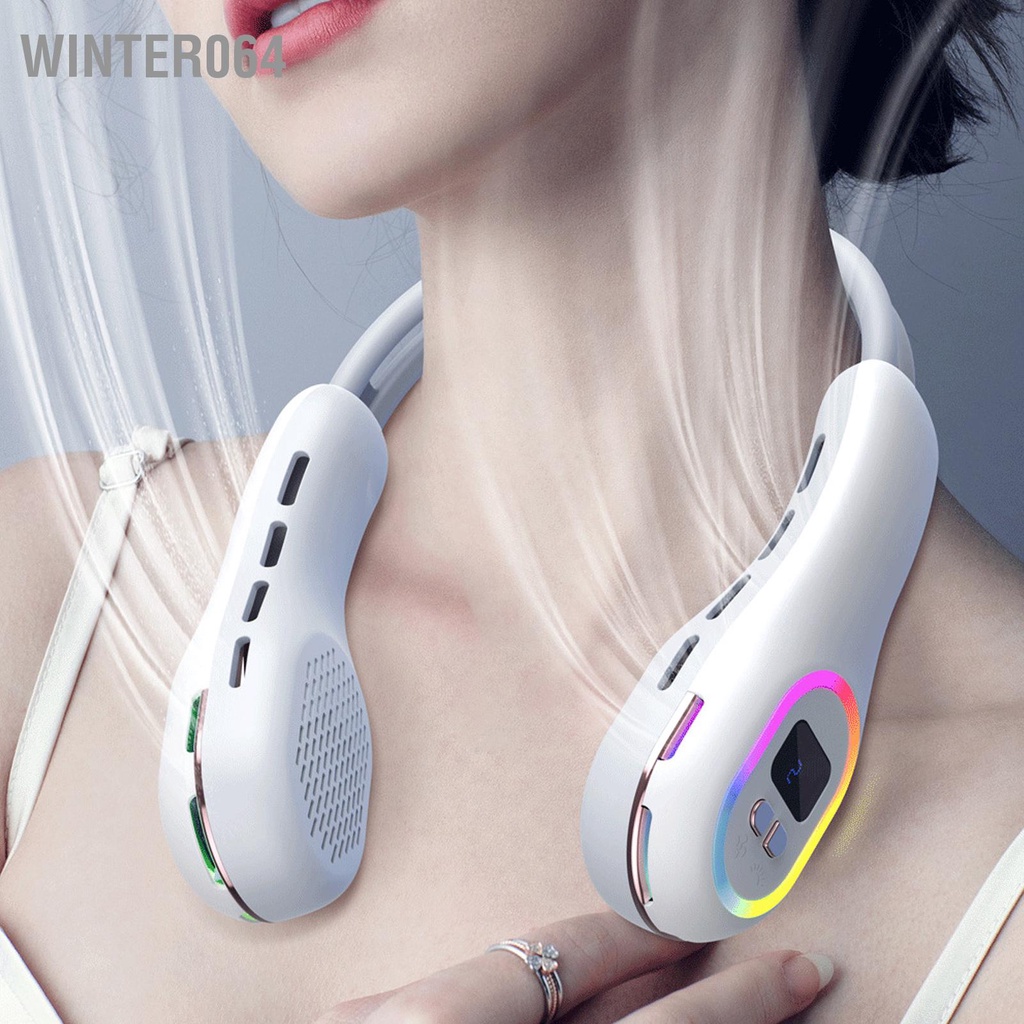 Winter064 Treo Cổ Quạt Không Cánh Kích Thước Có Thể Điều Chỉnh Màn Hình Hiển Thị Công Suất Di Động Đèn 7 Màu Trắng DC5V 2A