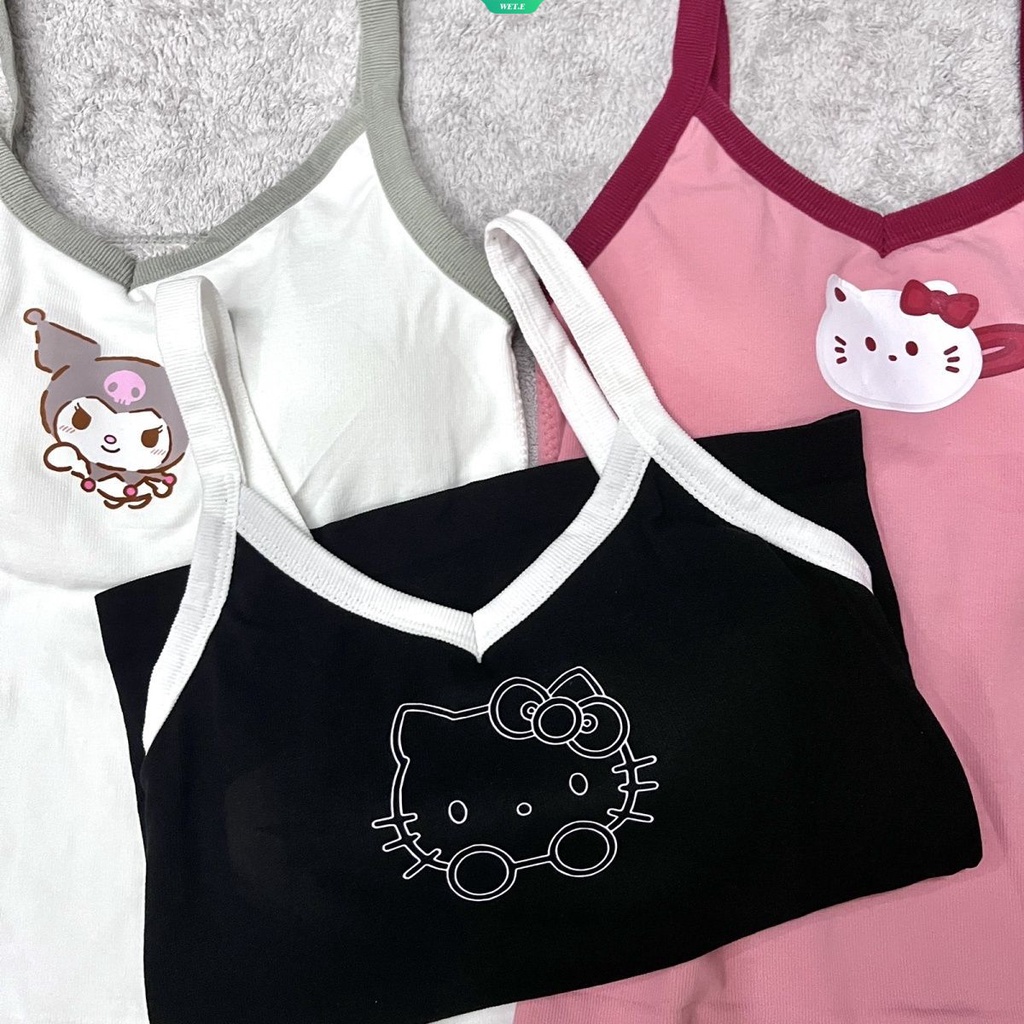 Áo Hai Dây Màu Trơn Có Đệm Ngực In Hình Sanrio Y2K Hello Kitty Kuromi Nhật Bản Dễ Thương Cho Bé Gái