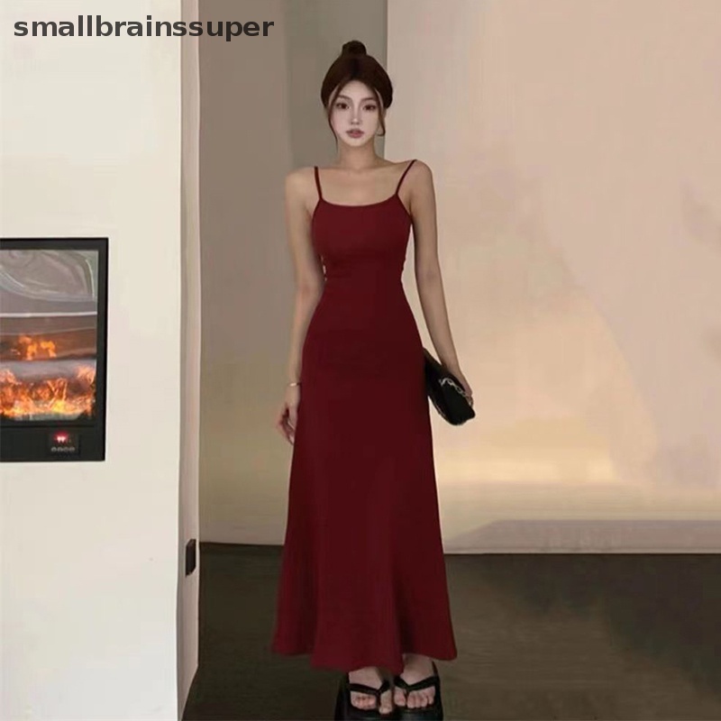 Smallbrainssuper Đầm Hai Dây Midi Ôm Dáng Phong Cách Retro Đường Phố Đơn Giản Mùa Hè Cho Nữ SBS