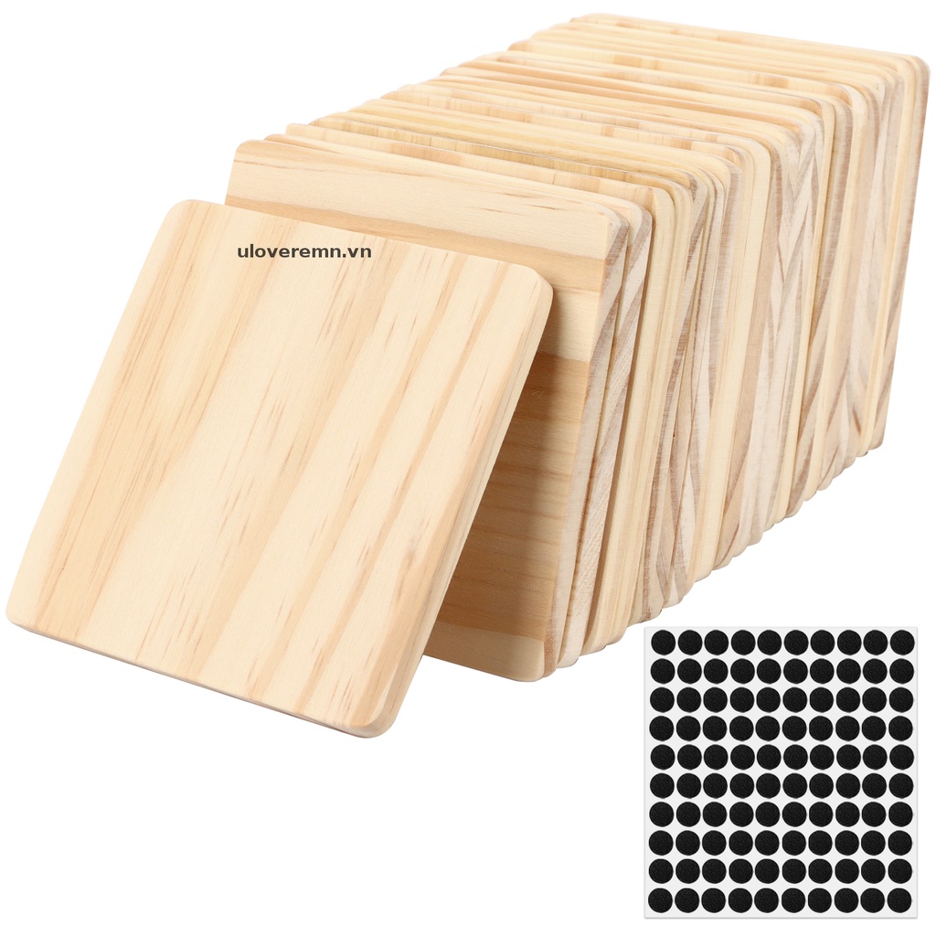 Bộ 24 Đế Lót Ly Gỗ Hình Vuông 3.9 Inch Kèm 100 Lát Gỗ Tự Dính Không Trơn Dùng Chạm Khắc Thủ Công DIY