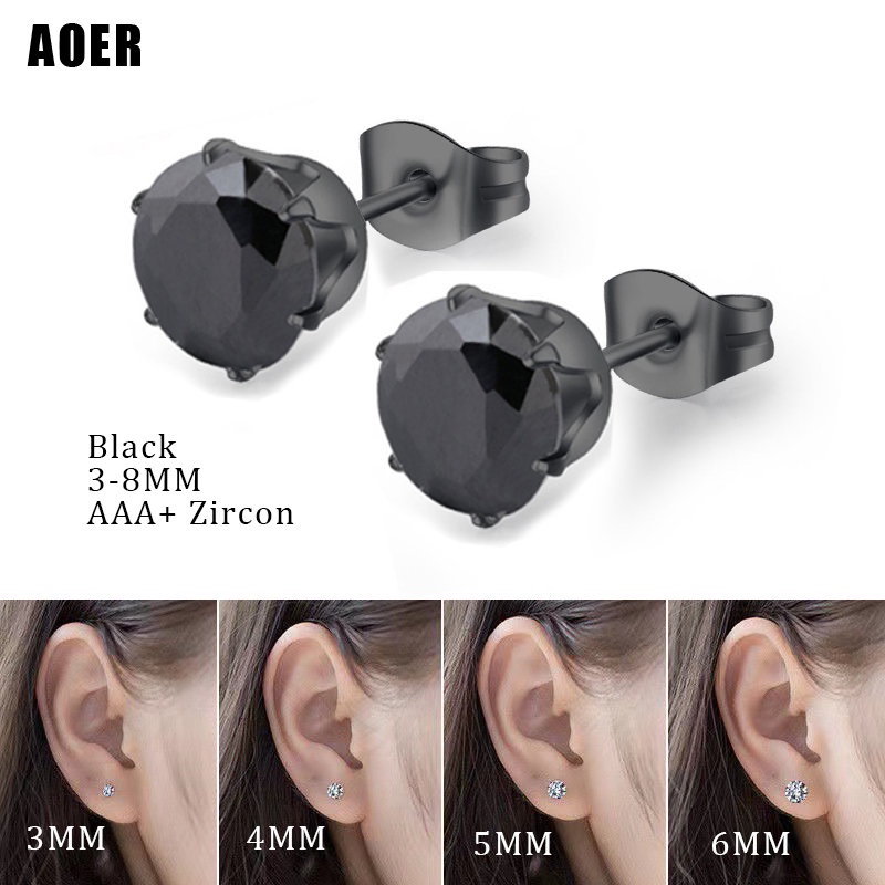 1 Đôi Bông Tai Thép Titan Đính Đá Zircon 3-8MM Màu Đen
