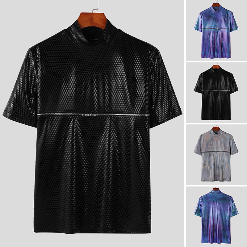 INCERUN Áo Thun Tay Ngắn Cổ Cao Phối Khóa Kéo Thời Trang Cá Tính Cho Nam