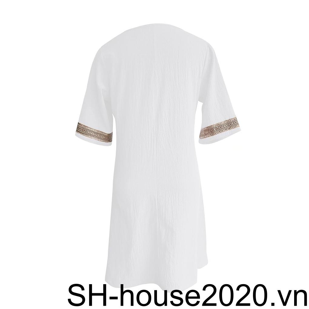 Đầm Cotton Tay Lửng Cổ Chữ V Màu Trơn Thời Trang Mùa Hè Cho Nữ