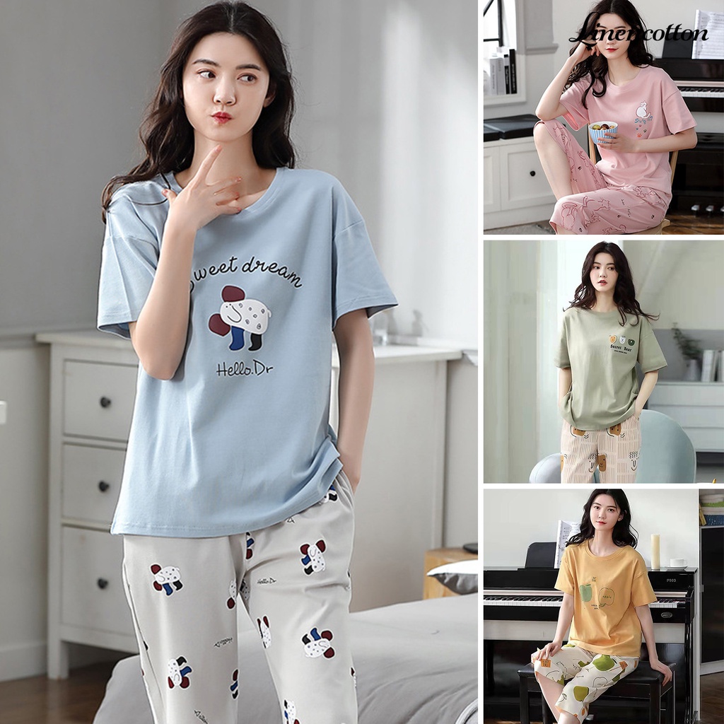 Bộ Đồ Ngủ 2 Món Áo Thun Tay Ngắn Cổ Tròn Phối Quần Dài Lưng Thun In Họa Tiết Hoạt Hình Dễ Thương Thời Trang Mùa Hè Cho Bạn Gái