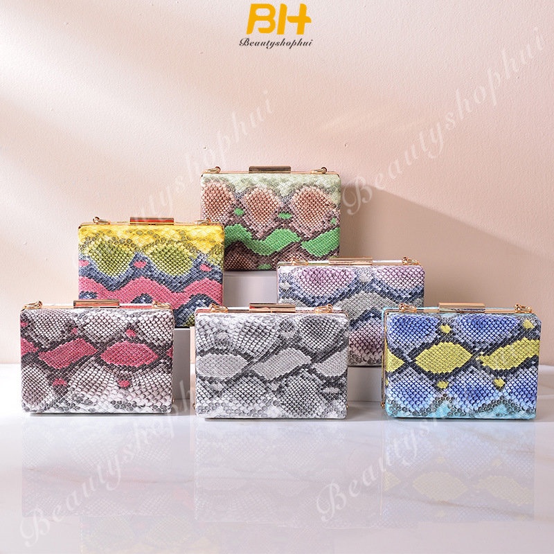 Túi Xách Đeo Vai Kiểu Vuông Nhỏ Họa Tiết Da Rắn Phối Dây Xích Thời Trang Dạ Hội Sang Trọng Dành