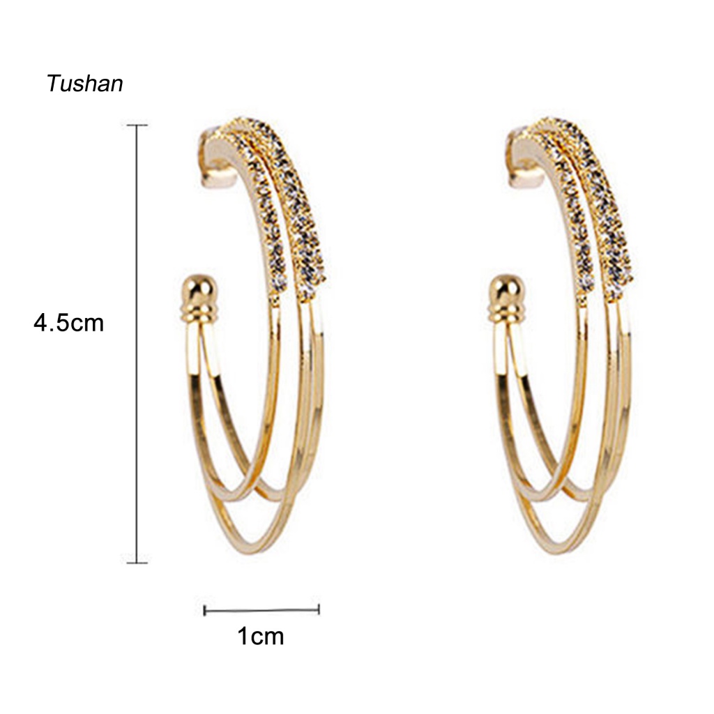 1 Đôi Bông Tai Ba Lớp Hình Chữ C Đính Đá Lấp Lánh Dành Cho Nữ