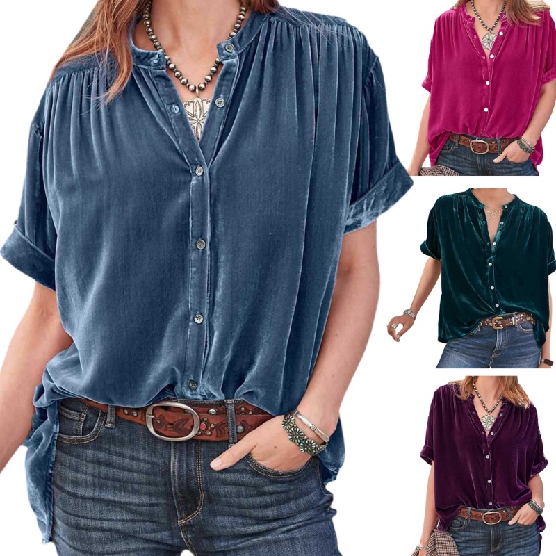 Áo Nhung Ngắn Tay Cổ Chữ V Phối Nút Xinh Xắn Dành Cho Nữ