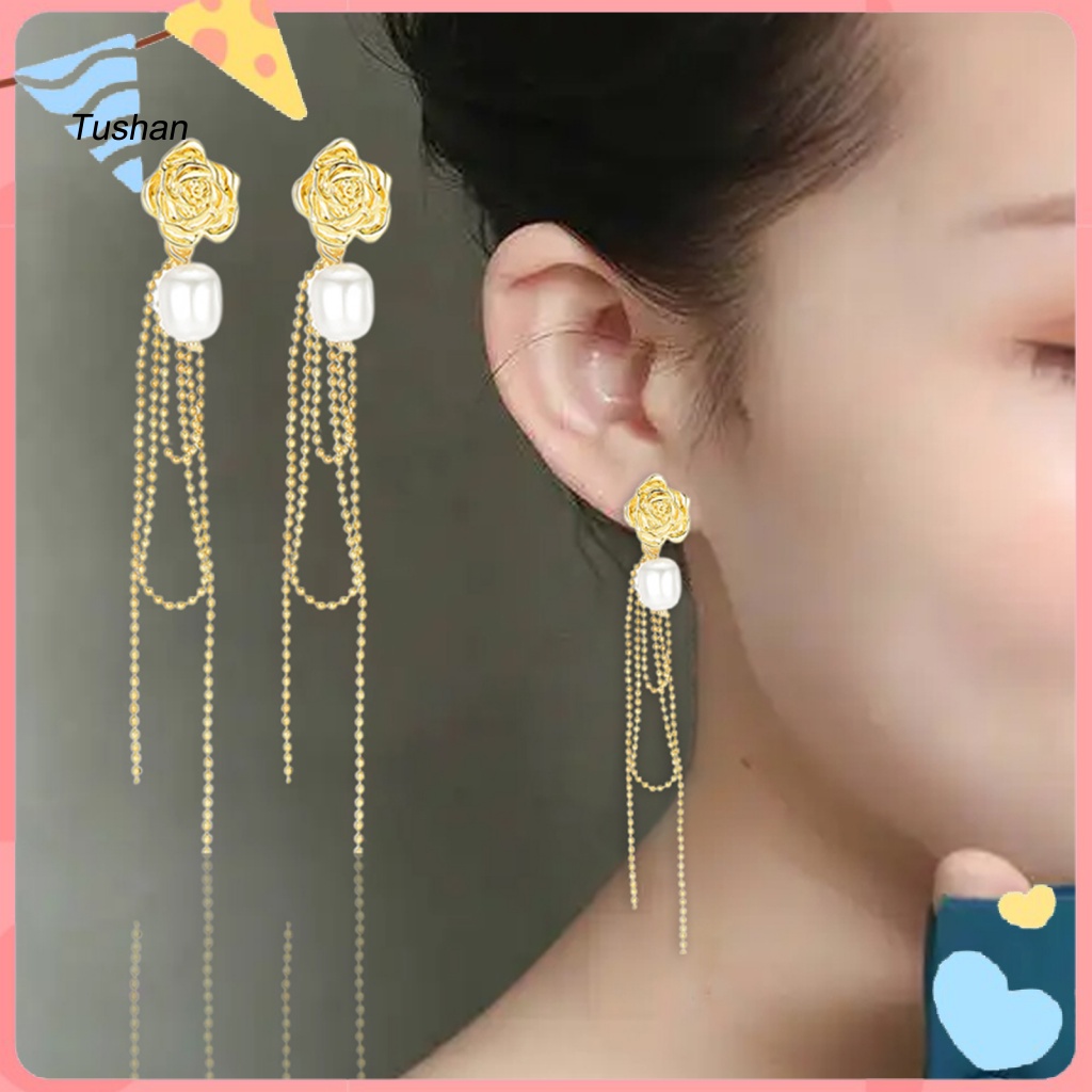 1 Đôi Bông Tai Hình Hoa Hồng Đính Ngọc Trai Giả Thời Trang