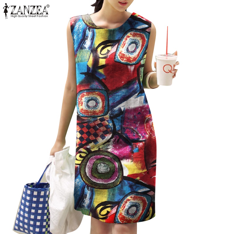 ZANZEA Đầm Dài Không Tay Xẻ Tà In Họa Tiết Hoa Thời Trang Hàn Quốc Cho Nữ