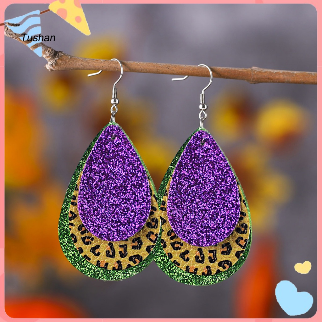 [Ts] 1 Đôi Bông Tai Móc Hình Giọt Nước 3 Lớp Bằng Da Giả Nhiều Màu Sắc Trang Trí Lễ Hội