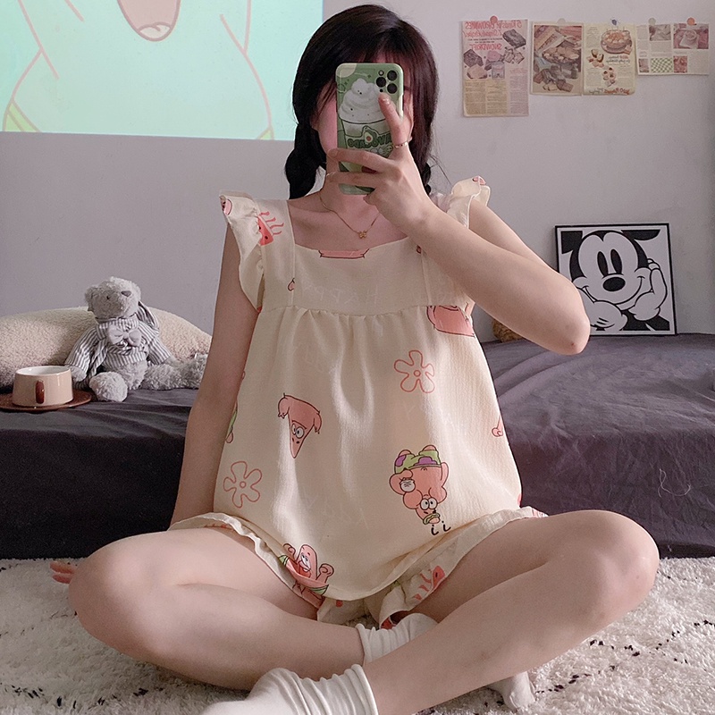 Bộ Đồ Ngủ Hai Mảnh Áo Hai Dây Phối Quần Short Phong Cách Công Chúa Ngọt Ngào Thời Trang Mùa Hè Mới Dành Cho Bạn Nữ