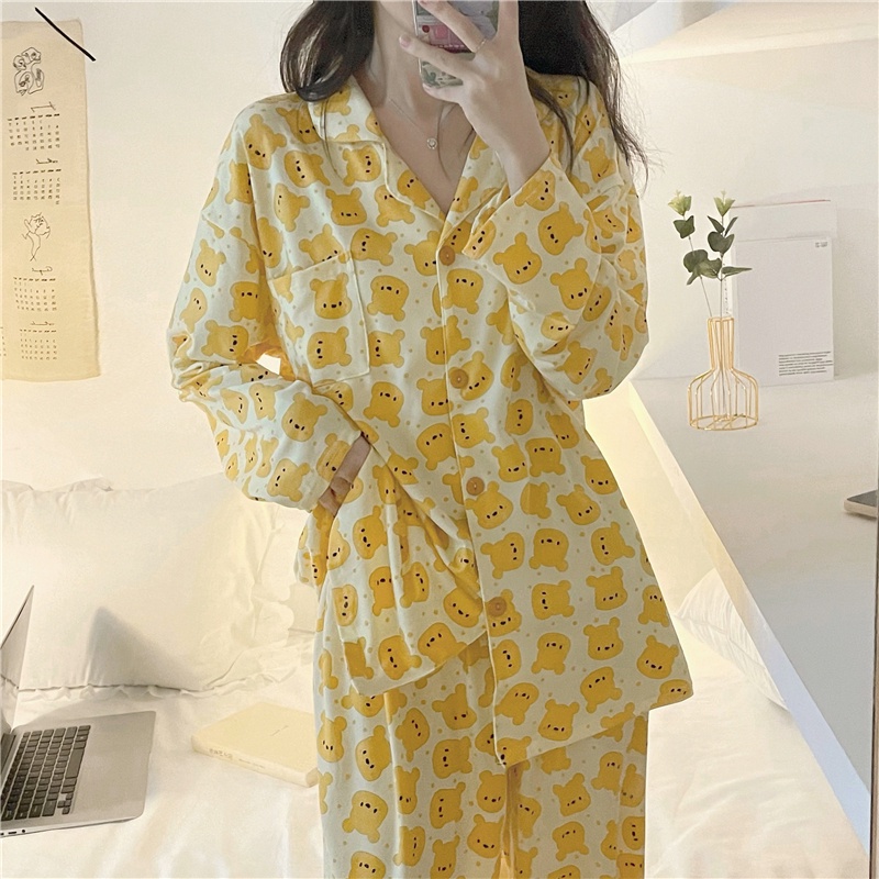 Bộ Đồ Ngủ Hai Mảnh In Họa Tiết Gấu Pooh Dễ Thương Phong Cách Hàn Quốc Thời Trang Mùa Thu Cho Nữ