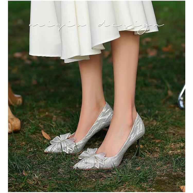 Giày Cao Gót Pha Lê Mỏng Mũi Nhọn Đính Nơ Thời Trang Mới 2023 Cho Nữ