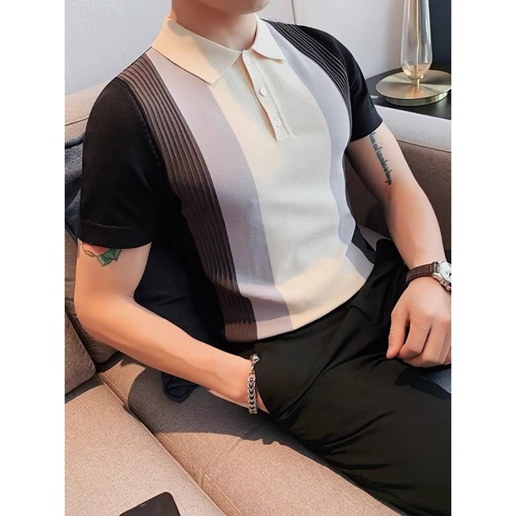 Áo Thun polo Ngắn Tay Vải Lụa Lạnh Mỏng Dáng Ôm Phối Màu Tương Phản Thời Trang Mùa Hè 2023 Cho Nam
