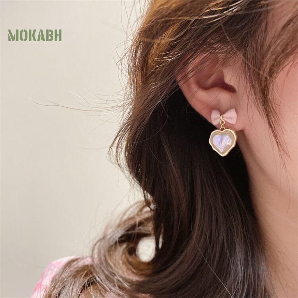 1 Đôi Bông Tai Hình Trái Tim Nơ Đính Ngọc Trai Nhân Tạo Lấp Lánh Sang Trọng