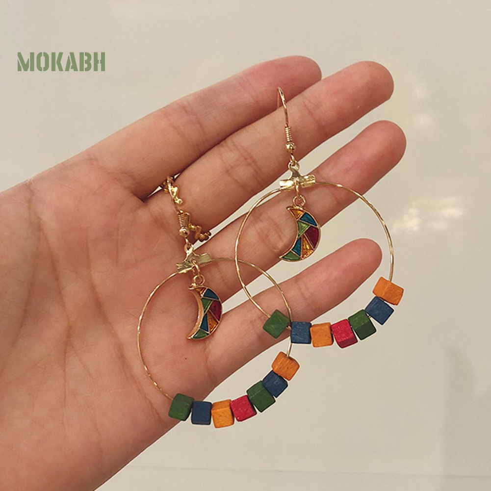 Bông Tai Hình Tròn / Mặt Trăng Bằng Gỗ Thời Trang Dự Tiệc Cho Nữ