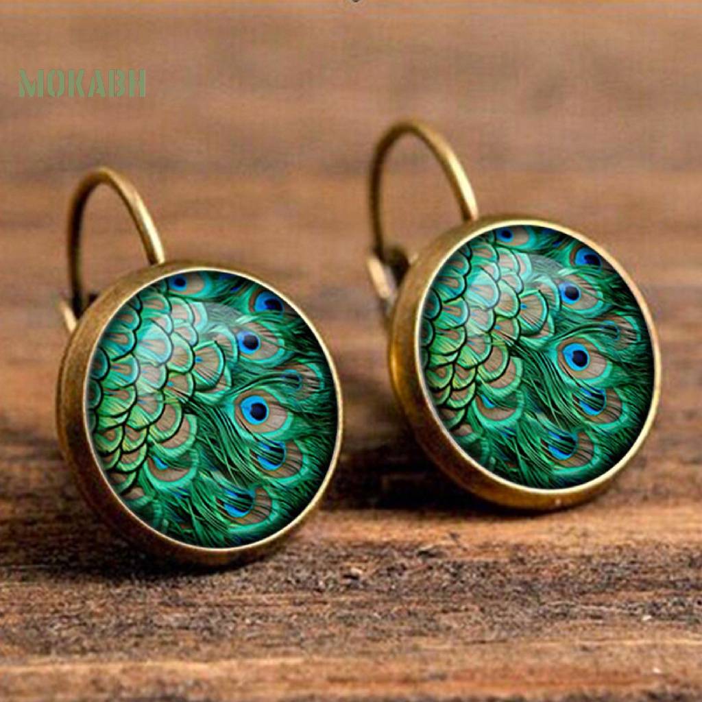 1 Đôi Bông Tai Mặt Kính Cabochon Hình Chim Công 2 Màu Phong Cách Vintage
