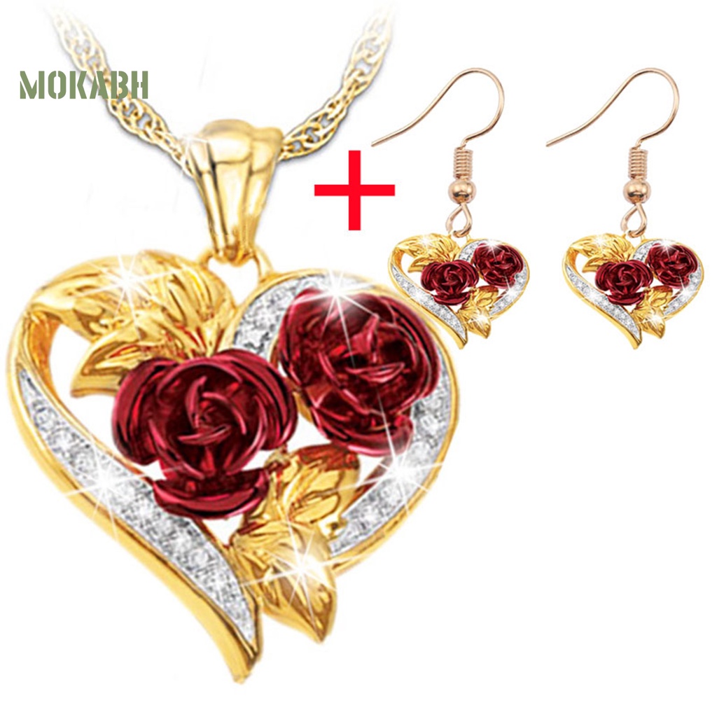 1 Bộ Vòng cổ + Bông Tai Mạ Điện Hình Trái Tim Đính Đá Sang Trọng Cho Nữ