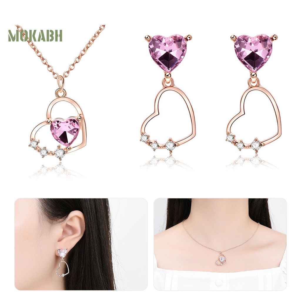 1 Set Vòng cổ Và Bông Tai Mặt Trái Tim Đính Đá Thời Trang