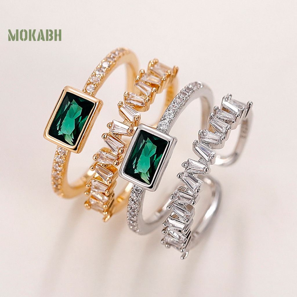[Mới] Nhẫn Cưới Hai Lớp Dạng Mở Đính Đá Zircon Giả Màu Xanh Lá Có Thể Điều Chỉnh Làm Quà Tặng Valentines