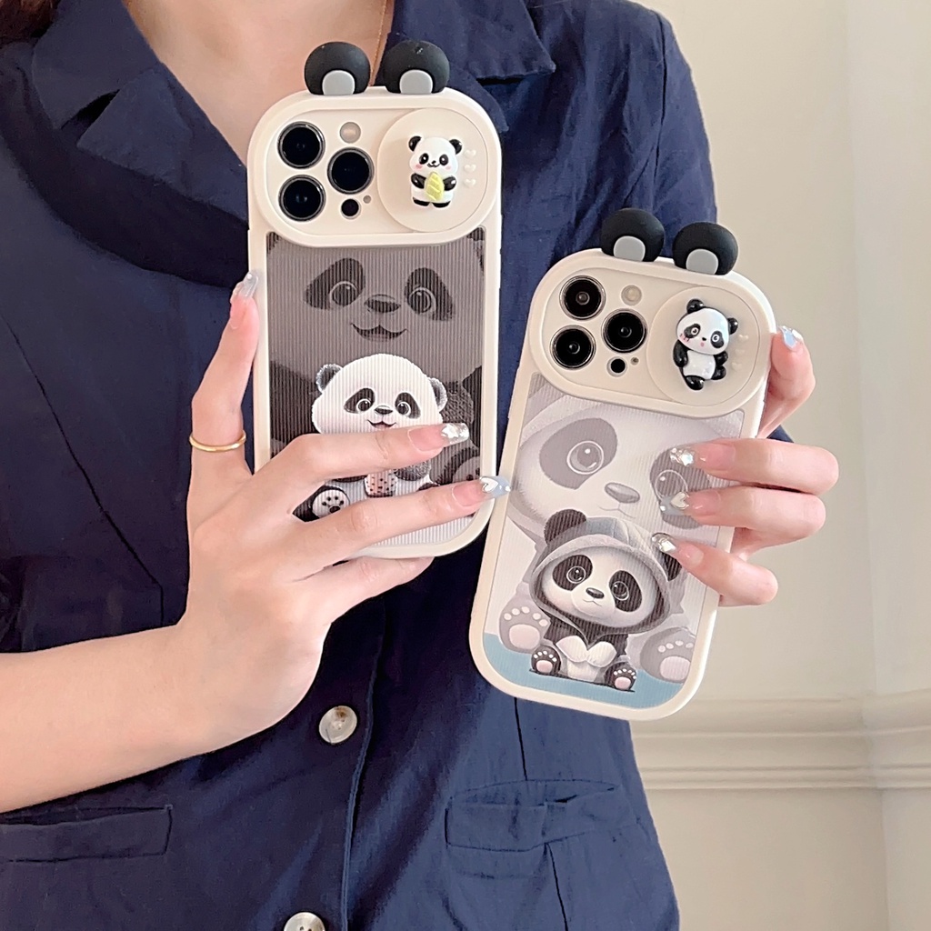 Ốp Điện Thoại TPU Silicon Mềm Chống Sốc Có Nắp Trượt Bảo Vệ Camera In Hình Gấu Trúc 3D Cho iPhone 13 12 11 Pro Max 14 Plus