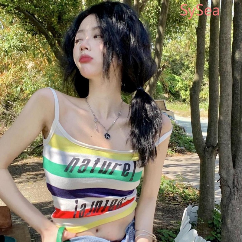 Áo Hai Dây Họa Tiết Kẻ Sọc In Chữ Phong Cách Retro Cho Nữ