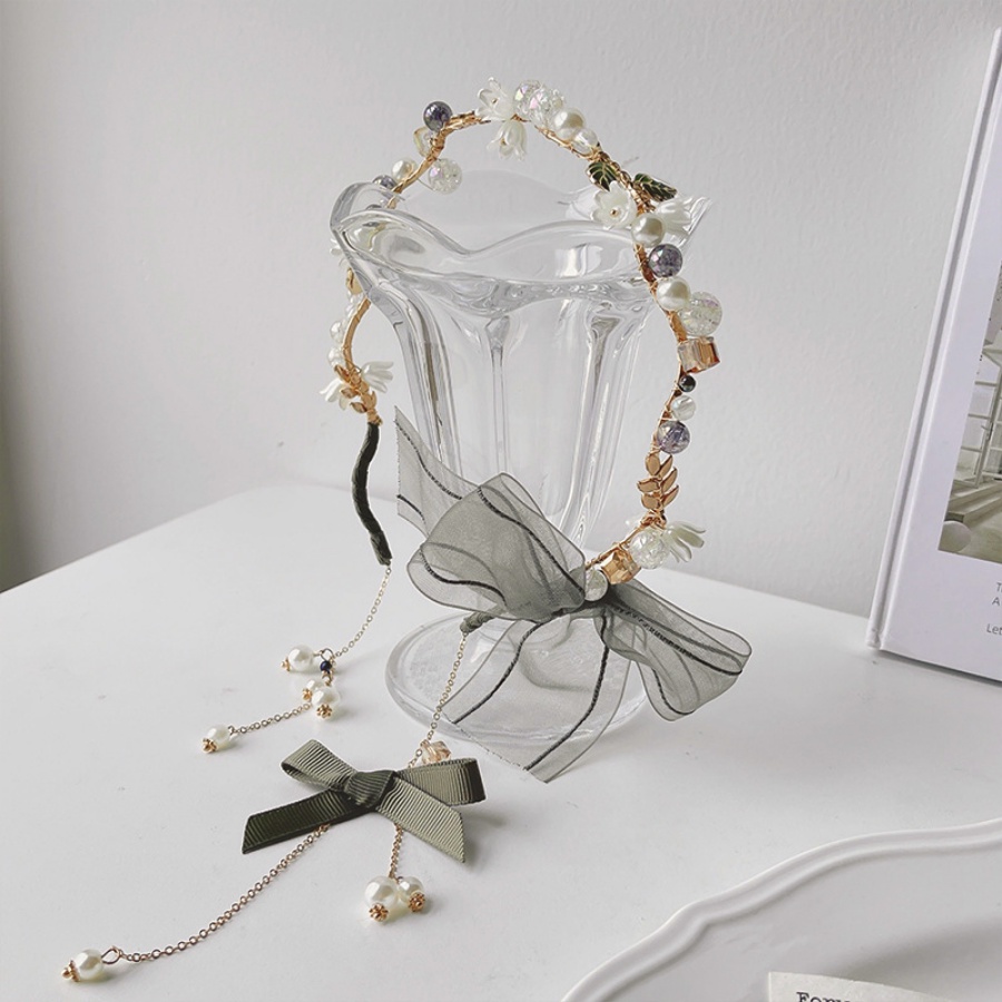 Băng Đô Cài Tóc Đính Hạt Ngọc Trai Và Nơ Bằng Hợp Kim Phong Cách Hàn Quốc Cho Nữ