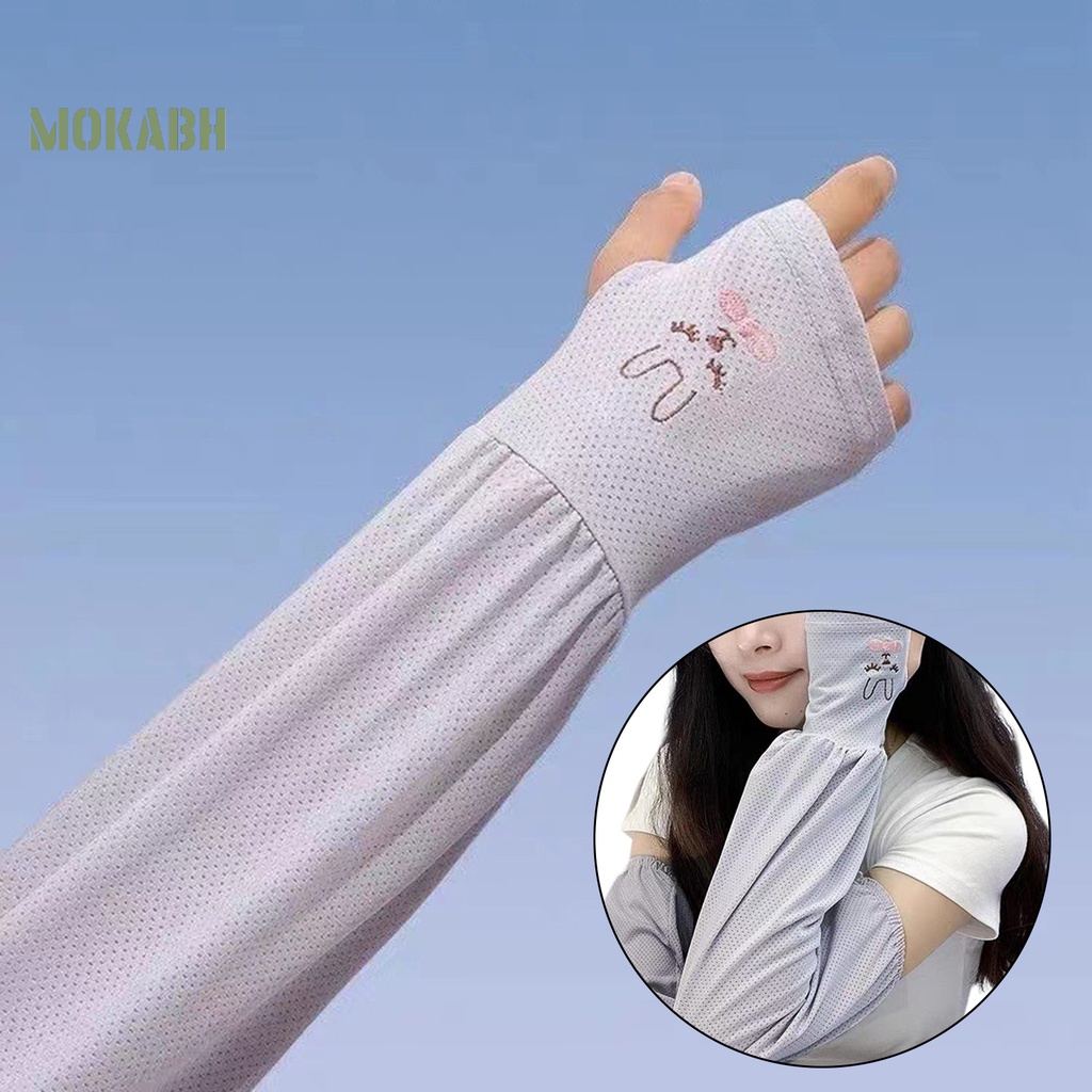 1 Cặp Găng Tay Chống Nắng Chống Trượt Bằng Lụa Lạnh Co Giãn Thêu Họa Tiết Thỏ