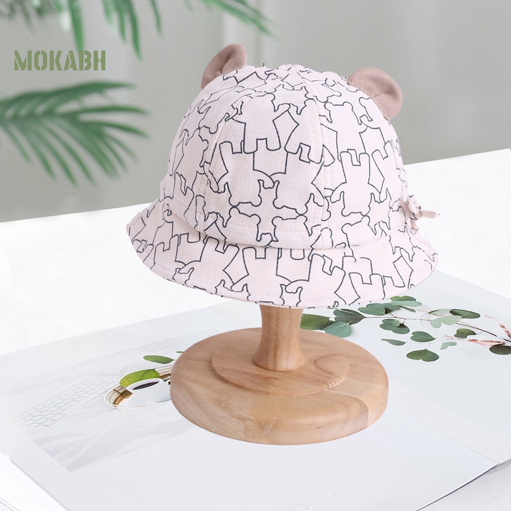 [Mok Abh] Mũ Ngư Dân Hình Tròn Mỏng Màu Tương Phản In Họa Tiết Gấu Hoạt Hình Có Thể Điều Chỉnh Bảo Vệ Tai Cho Trẻ Em