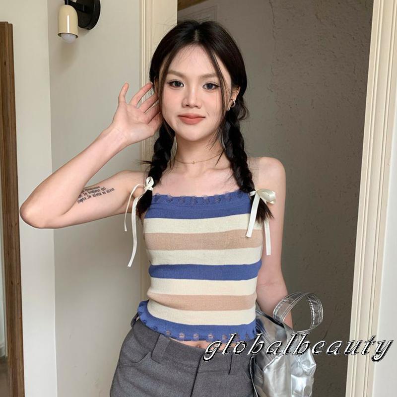 Áo Croptop Sát Nách Họa Tiết Kẻ Sọc Bằng Lụa Lạnh Ôm Dáng Thời Trang Mùa Hè Cho Nữ