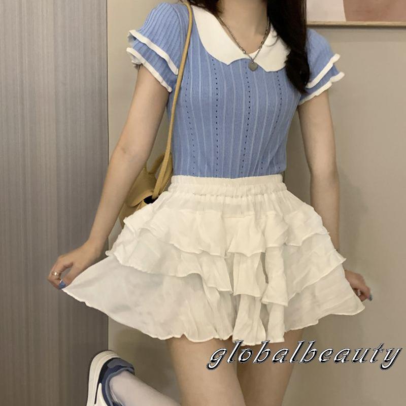 Áo Thun Dệt Kim Tay Ngắn Cổ Búp Bê Màu Sắc Tương Phản Thời Trang Dành Cho Nữ