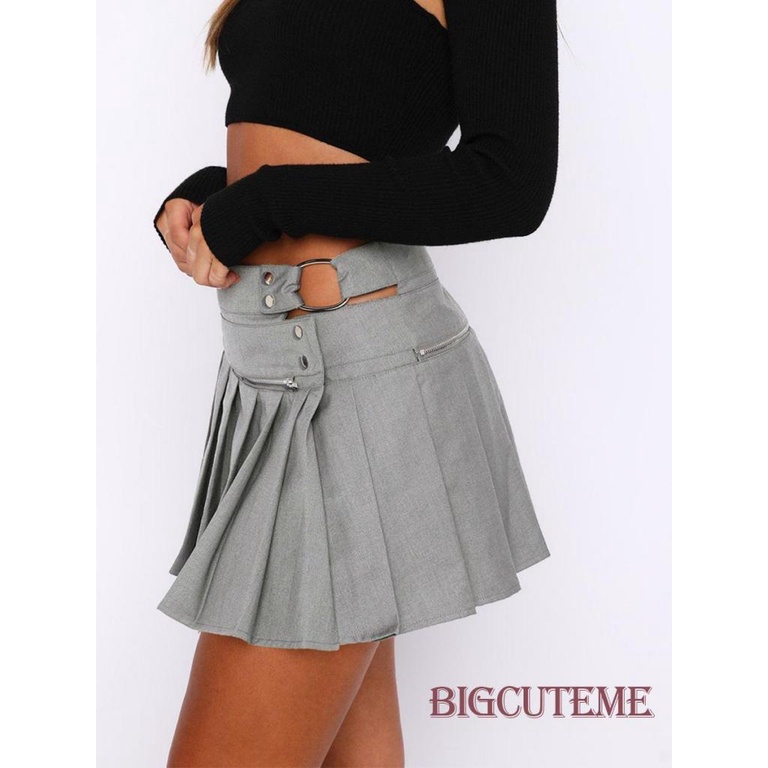 [] - Chân Váy Ngắn Mini Xếp Ly Lưng Cao Màu Trơn Có Vòng Khóa Kéo Phía Trước Cho Nữ
