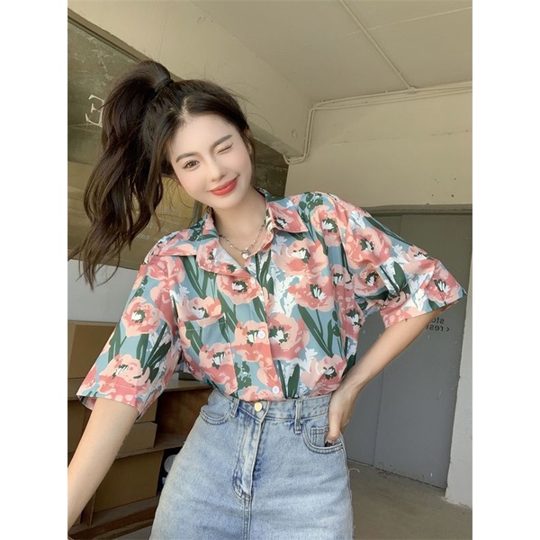 Cozok Áo Sơ Mi Ngắn Tay Dáng Rộng In Hoa Giản Dị Thời Trang