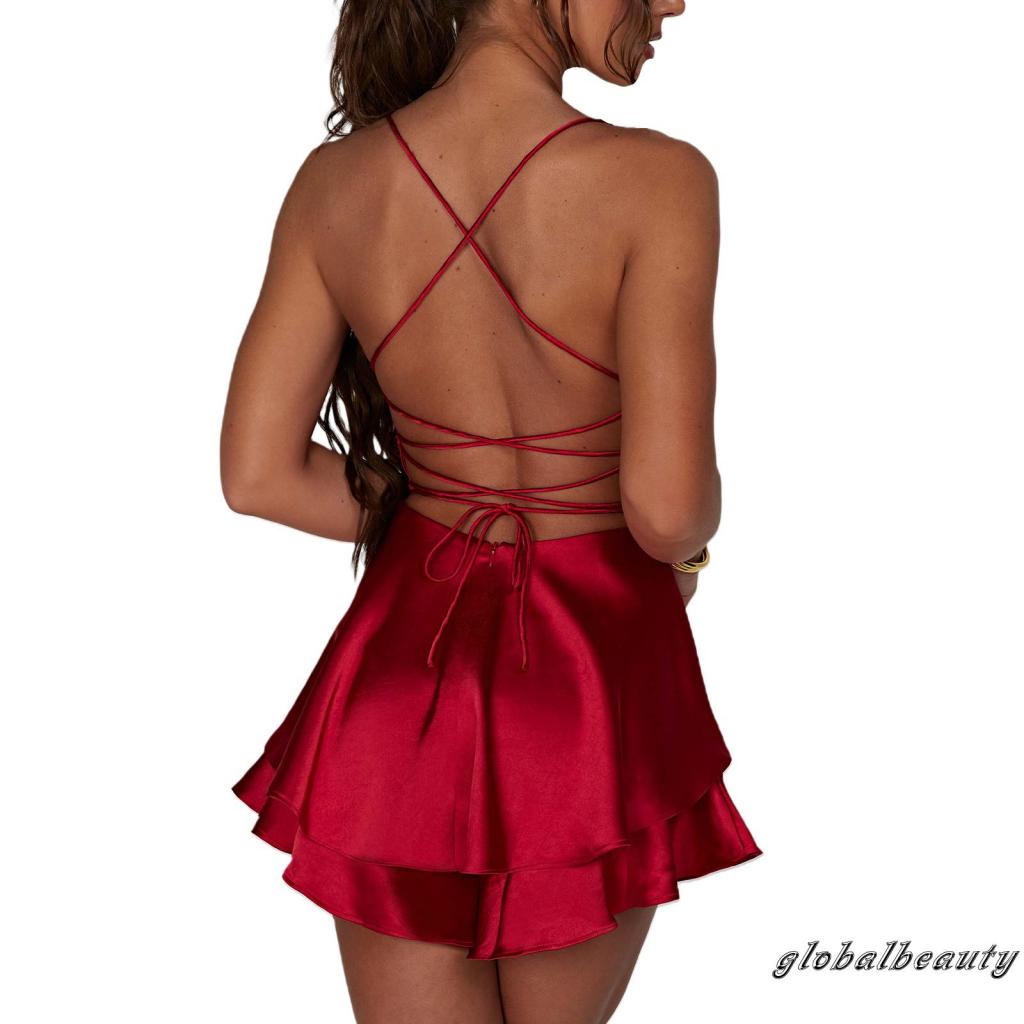 Bộ Áo Liền Quần Hai Dây Màu Trơn Hở Lưng Mùa Hè Cho Nữ