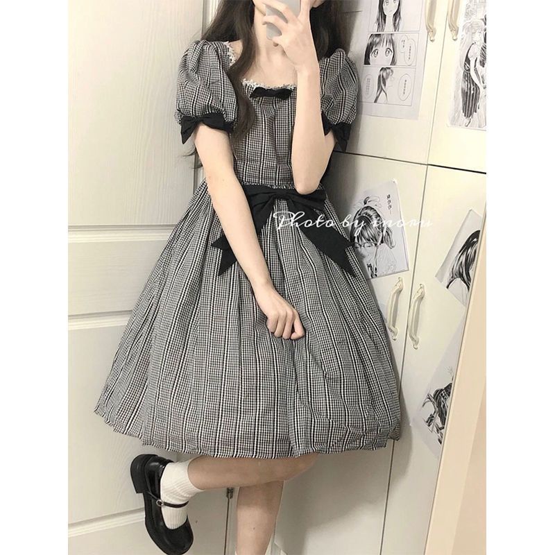 Đầm Dáng Chữ a Họa Tiết Sọc Caro Đính Nơ Phong Cách Nhật Bản Thời Trang Mùa Hè Mới Cho Nữ
