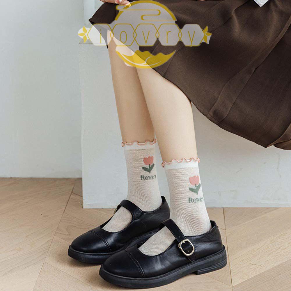 Vớ Lụa Thủy Tinh Trong Suốt Phối Ren Hoa Siêu Mỏng Thoáng Khí Phong Cách Harajuku