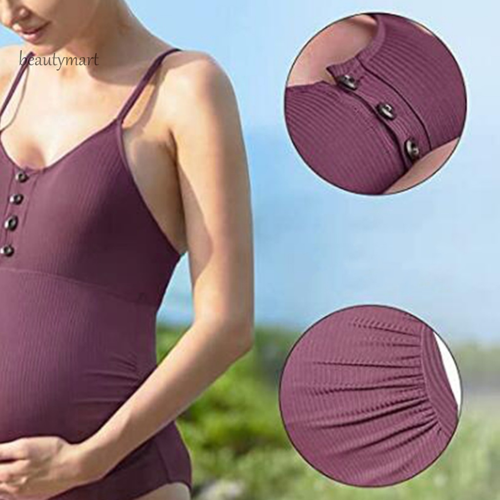 [beautymart] Bộ Đồ Bơi Màu Trơn Co Giãn Hở Lưng Ôm Dáng Cho Phụ Nữ Mang Thai