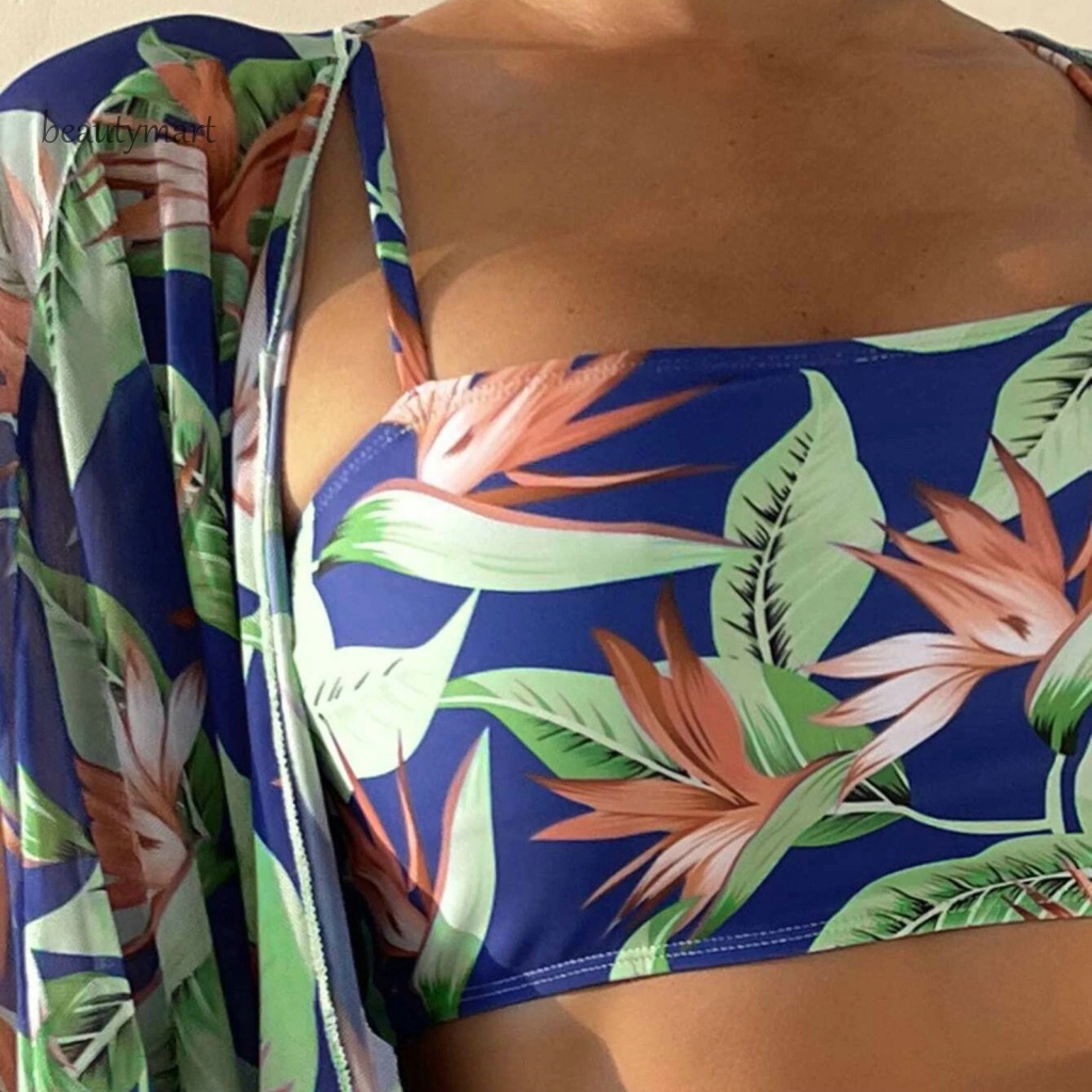 Bộ Đồ Bơi 3 Mảnh Gồm Áo Cardigan Dây Đeo + Quần Short Lưng Cao + Áo Ngực In Họa Tiết Hoa Lá Tùy Chỉnh Thời Trang Đi Biển Cho Nữ