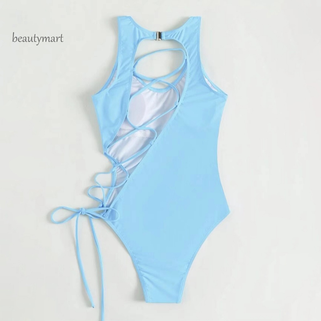 [beautymart] Đồ Bơi Một Mảnh Co Giãn Dây Buộc Nhiều Màu Sắc Trơn Họa Tiết Hoa Rỗng Có Thể Điều Chỉnh Cho Nữ