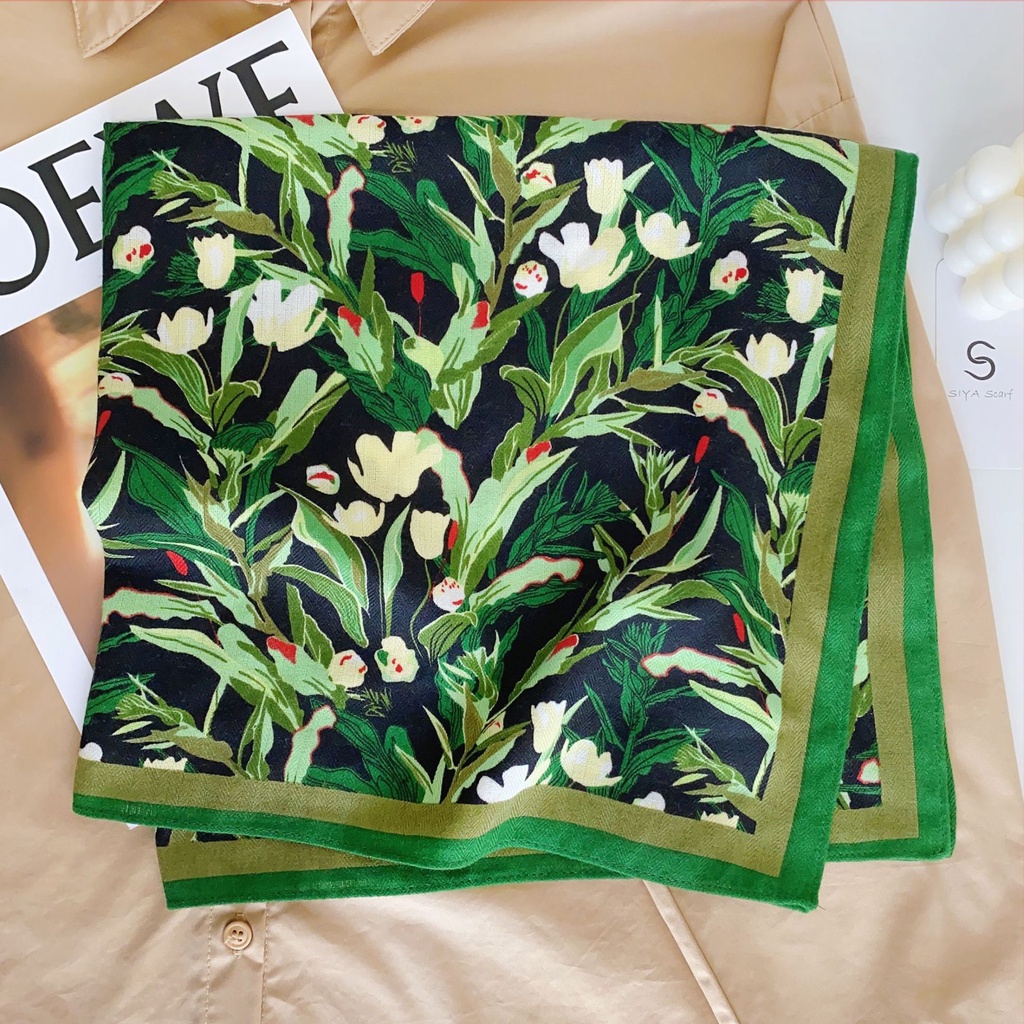 Khăn Quàng Cổ Nhỏ Bằng Lụa Cotton In Hoa Màu Xanh Lá Phong Cách Hàn Quốc Cổ Điển 68 * 68cm Dành Cho Nữ