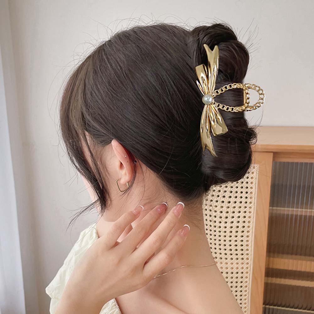 Kẹp Tóc Hình Nơ Đính Ngọc Trai Bằng Kim Loại Phong Cách Hàn Quốc Ngọt Ngào Cho Nữ