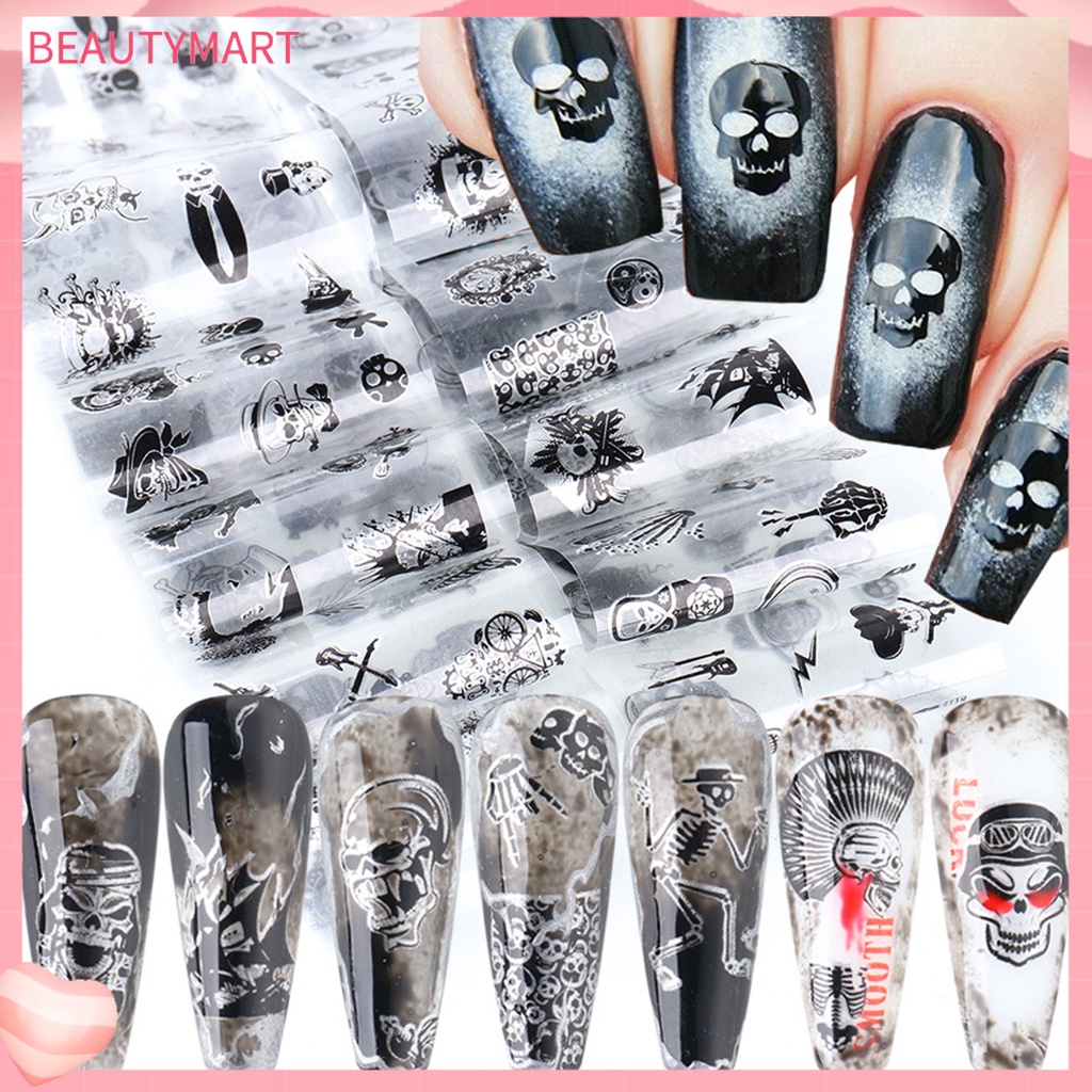 [beautymart] Set 10 Giấy Gói Móng Tay Chuyển Họa Tiết Đầu Lâu Kinh Dị Siêu Mỏng Màu Đen Trang Trí Halloween