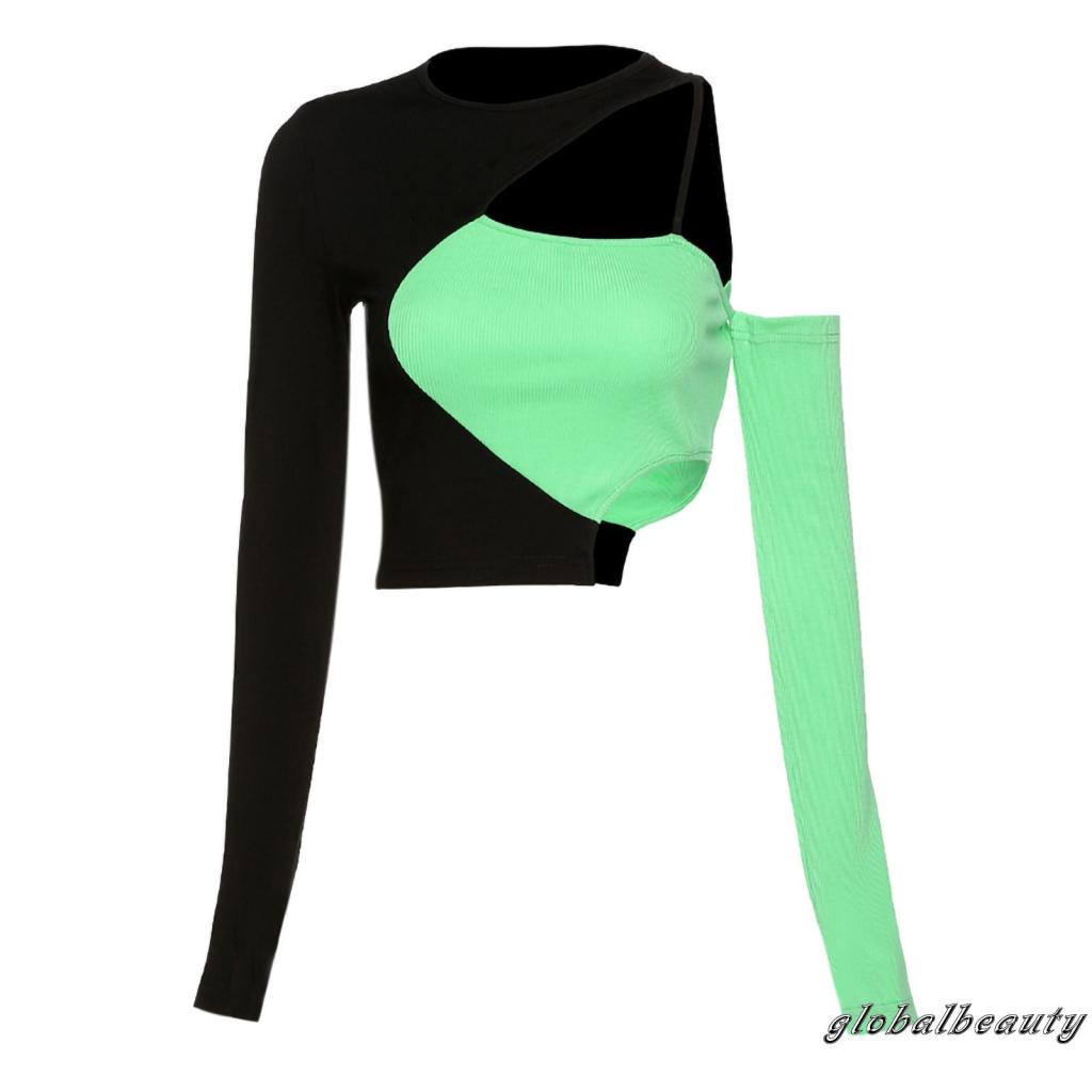 Áo Thun Dài Tay Lệch Vai Màu Sắc Tương Phản Dành Cho Nữ