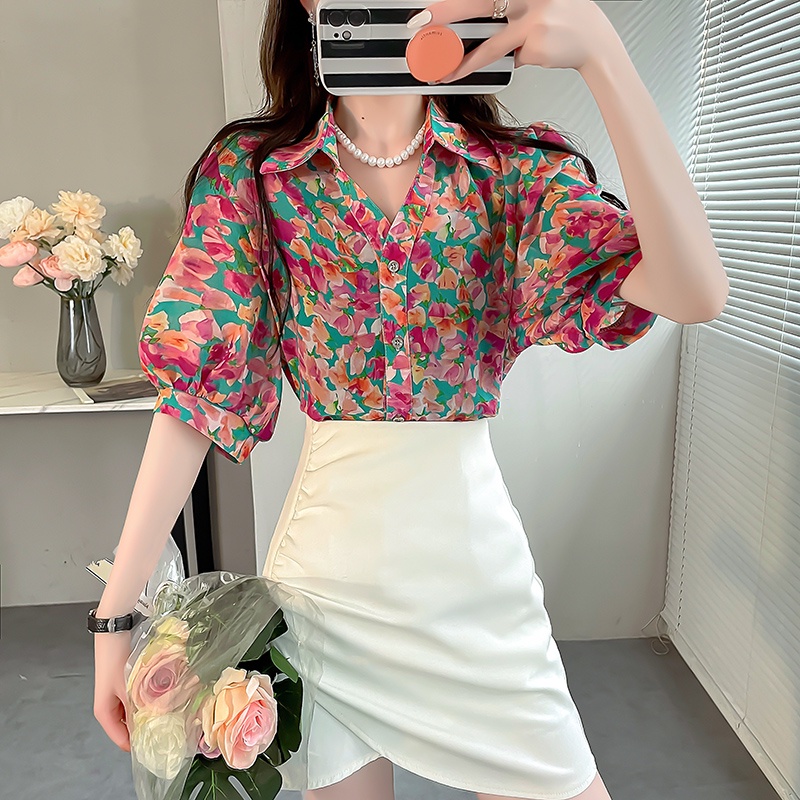 Áo Sơ Mi Chiffon Tay Ngắn Dáng Rộng In Họa Tiết Hoa Thời Trang Mùa Hè Xinh Xắn Cho Nữ