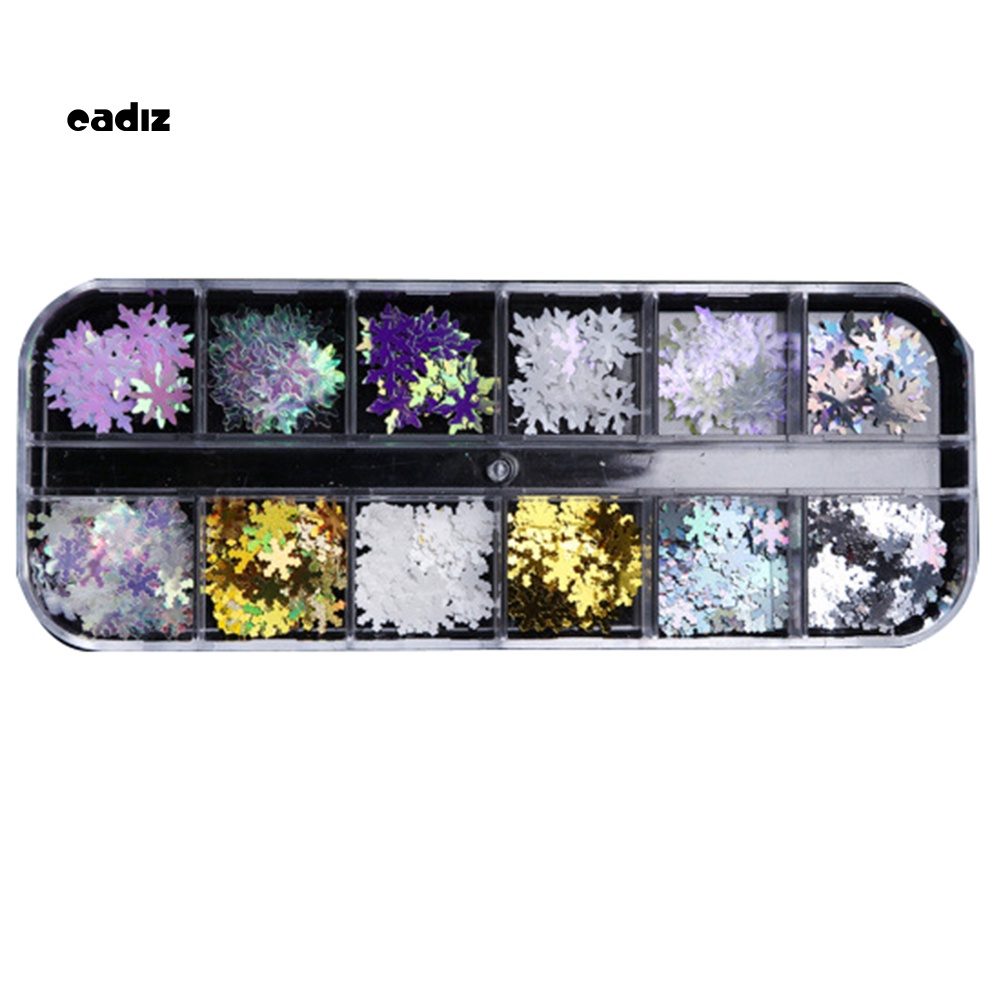 Hộp Kim Tuyến Hình Bông Tuyết 3D 12 Ngăn Nhiều Màu Sắc Trang Trí Móng Tay Nghệ Thuật Giáng Sinh