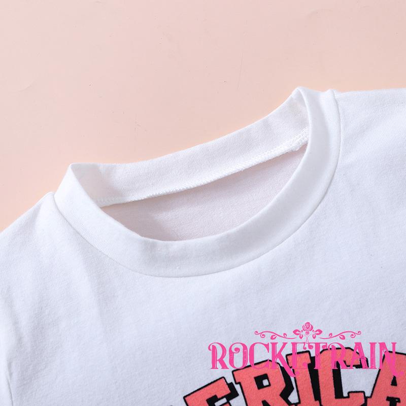 Set Áo Thun Ngắn Tay Cổ Tròn In Chữ + Quần Dài Ống Loe Thời Trang Cho Bé Gái