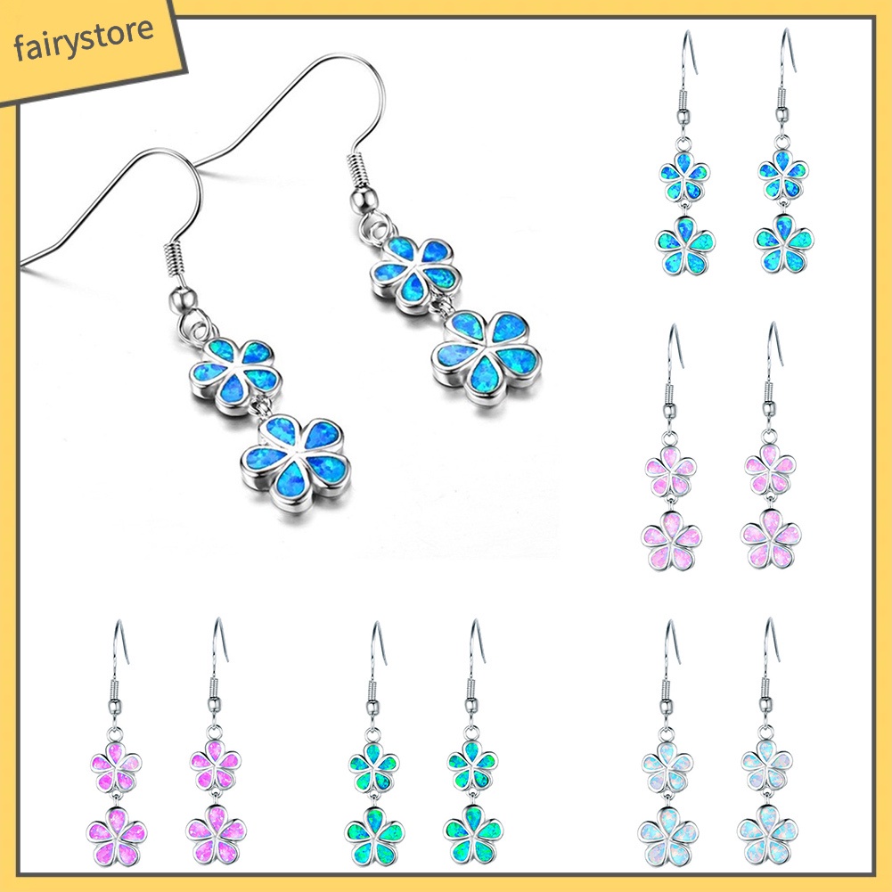 Bông Tai Dài Hình Hoa Đính Đá Opal Giả Thời Trang Cho Nữ