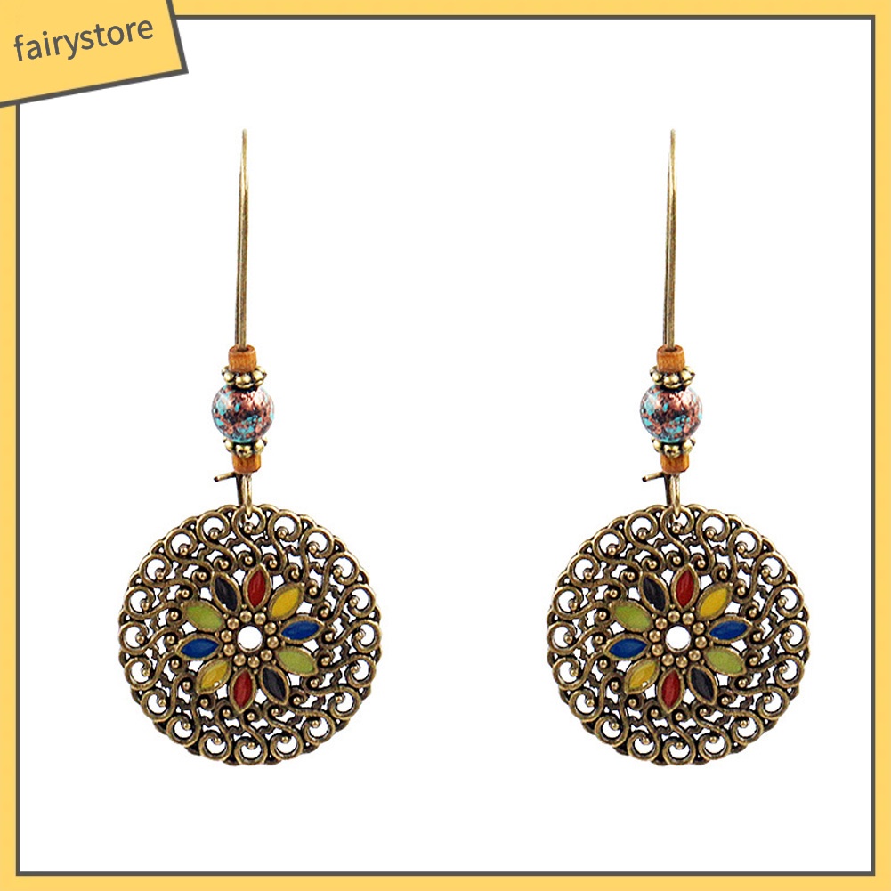 Bông Tai Dáng Dài Mặt Tròn Khắc Họa Tiết Hoa Phong Cách Cổ Điển Thời Trang